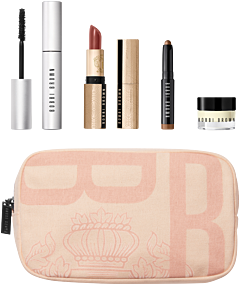 Bobbi Brown Ready to Glow Set = Vit. Enr. Face Base 7 ml + Long-W. Cr. Shadow Stick Gold Bronze Mini + Smo. Eye Mascara 6 ml + L. Lipstick Aft. Tea 3,5 g + Tasche