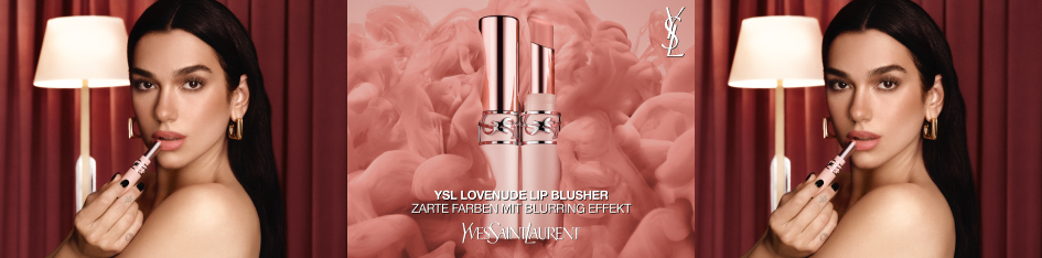 Produktbanner für YSL Loveshine Lip Blusher von Yves Saint Laurent: Frau trägt rosigen Lippenstift auf, in der Mitte zwei roségoldene Lip Blusher Produkte vor rosafarbenem Hintergrund.
