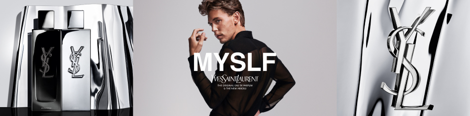Produktbanner für Yves Saint Laurent MYSLF: In der Mitte ein Mann vor hellem Hintergrund mit dem Schriftzug ‚MYSLF‘, links zwei Parfumflakons in Schwarz und Silber, rechts eine Detailansicht des YSL-Logos auf silberfarbener Oberfläche.